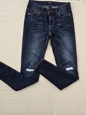 White House Black Market Dark Indigo Skinny Jeans with Knee Distress